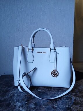 Michael Kors White Saffiano Leather Satchel with Gold Charm